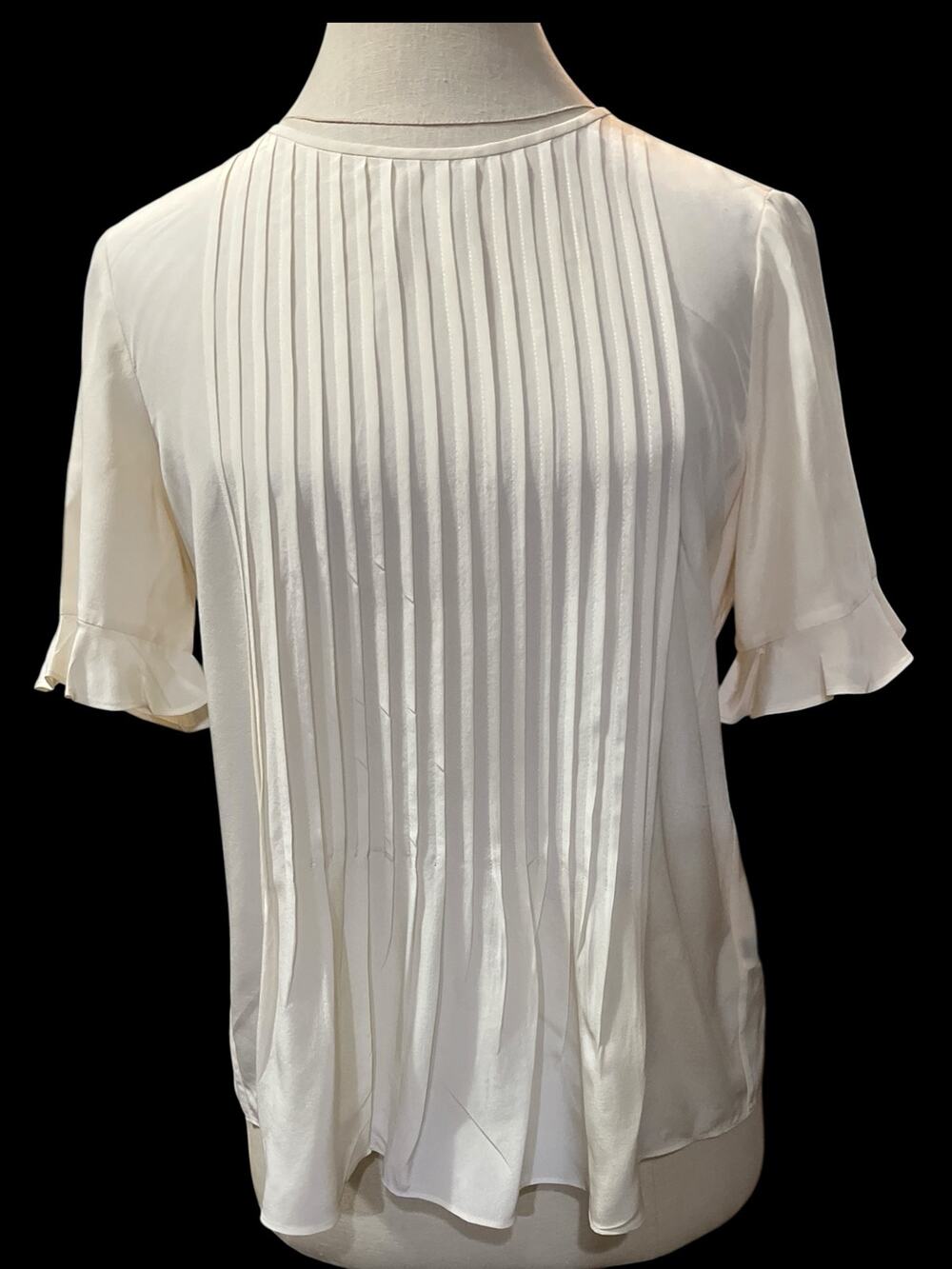 Kate Spade NY Top-Sz 6-Silk-Cream-Vertical pleated stripes-Sh Sleeves-1184